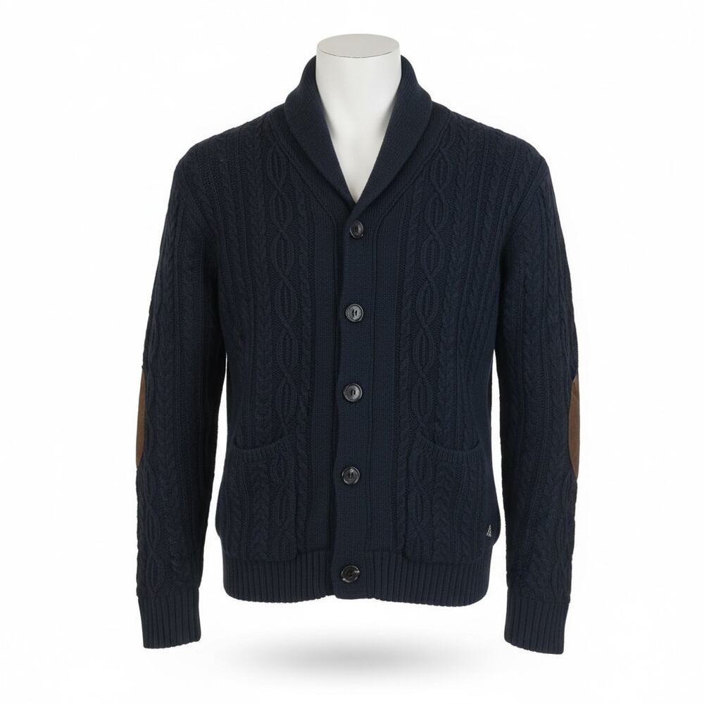 American Stitch Men’s Large Navy Cable Knit Shawl Collar Cardigan Elbow Patches